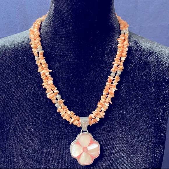 Sterling Silver Pink Coral Nugget Bead Necklace w/mother of Pearl flower pendent - Picture 2 of 10